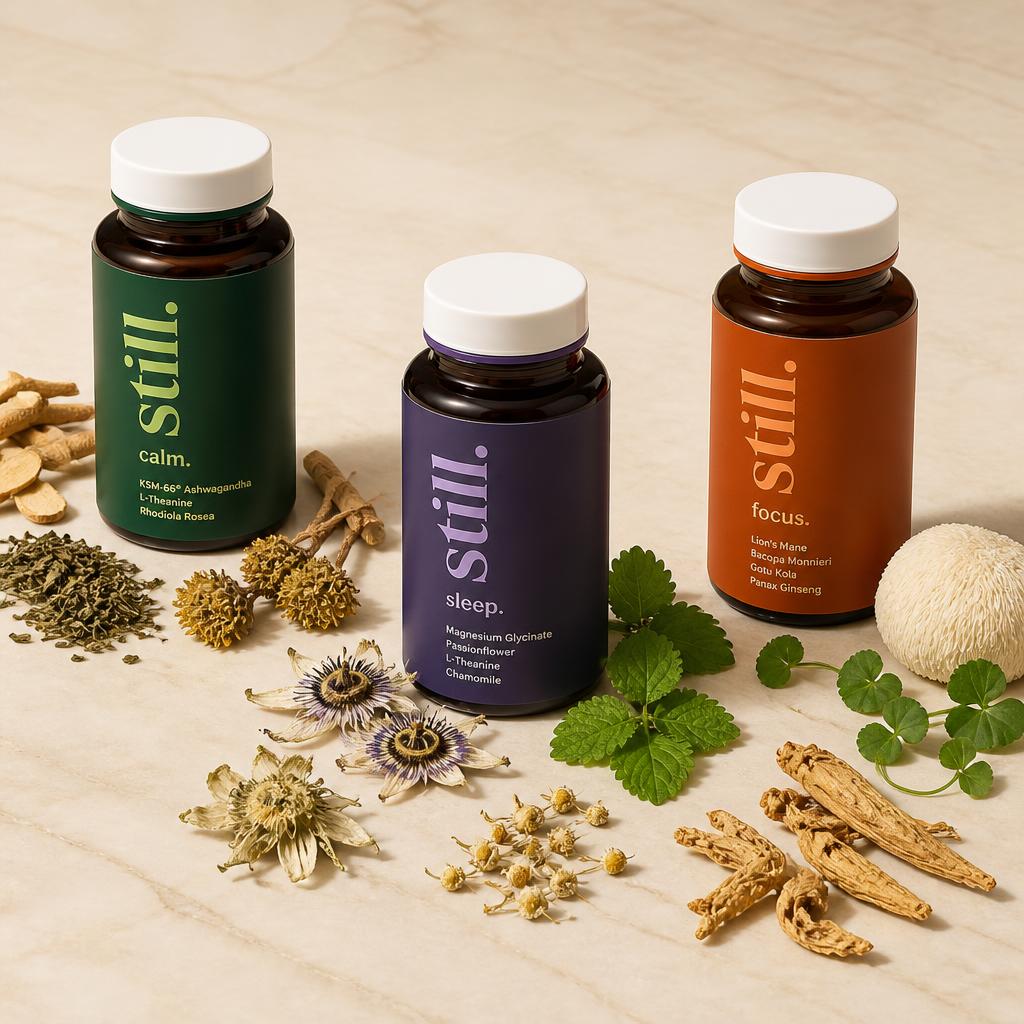 still. range — calm., sleep. and focus. supplement bottles with botanical ingredients